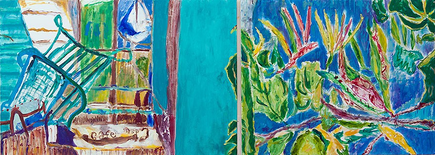 Cafe Ein Hod  2013 oil  on canvas/diptych  80 x 200 cm/31 x 79 in